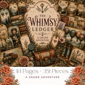 May include: A collection of vintage-style paper ephemera featuring The Whimsy Ledger A Grand Adventure with 114 pages and 351 pieces. The design includes illustrations of hot air balloons, trains, keys, binoculars, and roses in sepia tones.