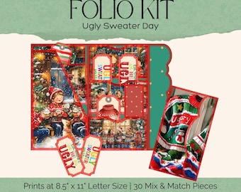 Festive Ugly Sweater Junk Journal Folio Digital Kit – Christmas Printable Ephemera for Scrapbooking, Collage, and Journal Crafting