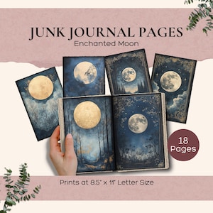 Lune enchantée dans la forêt, pages de journal indésirable, papiers numériques, art du ciel nocturne mystique, kit de scrapbooking floral gothique, éphémères célestes