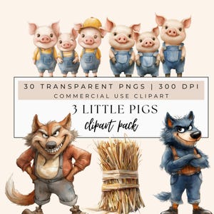 Clipart dei tre porcellini, Maialino carino, Lupo cattivo, Illustrazioni di fiabe, Clipart dei porcellini, Lupo cattivo, Maialino carino, Filastrocca