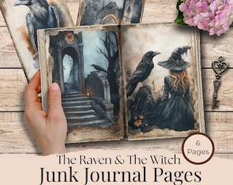 Raven Witch Pages Digital Paper for Junk Journal | Gothic Fantasy Scrapbook Printable Dark Magic Forest