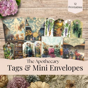 Apothecary Mini Envelopes and Tags, Vintage Ephemera Herbal, Botanical Printable Journal, Collage, Digital Download Papers, Digit Kit, JJ222
