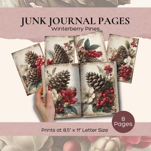Pagine di junk journal natalizie vittoriane, carte di sfondo natalizie stampabili, pagine di junk journal con pigne e bacche, kit per scrapbooking