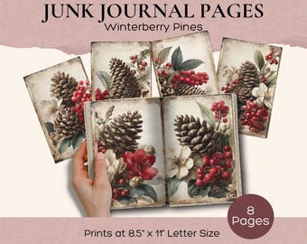 Pagine di junk journal natalizie vittoriane, carte di sfondo natalizie stampabili, pagine di junk journal con pigne e bacche, kit per scrapbooking