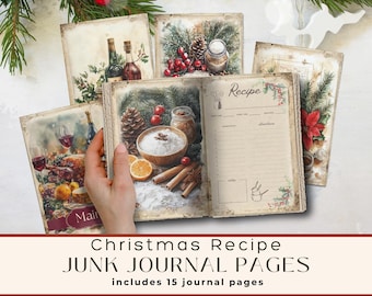 May include: A set of Christmas-themed junk journal pages featuring vintage-style illustrations of holiday food, pine branches, berries, and pinecones. The open journal page displays a recipe template with sections for ingredients and directions.