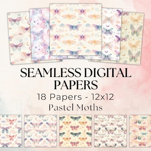 Pastell Motten Digitale Papiere, 12 x 12 nahtlose Rapportmuster, herunterladbare Hintergrundmuster, bedruckbar, Scrapbooking-Seiten