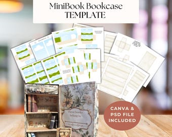 Sjabloon voor een miniboekenplankje | DIY miniboekenplankje of -doos voor junk journals | Canva- en PSD-bestanden | Sjabloon voor commercieel gebruik