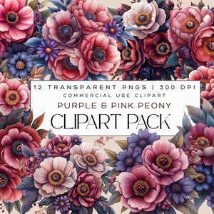 Watercolor Floral Clipart, Purple Peonies Clipart, Boho Flowers Clipart, Spring Florals, Elegant Bohemian Flowers, Burgundy Peony, PNG