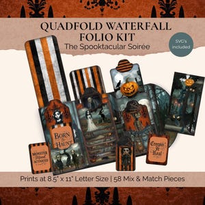 Scary Halloween Creepy Characters Waterfall Folio Kit | Mix and Match Scrapbook Supplies for Creative Folder Pockets Junk Journal