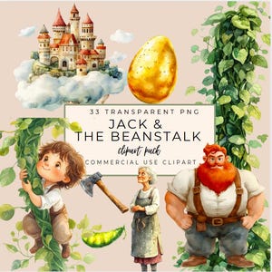 Aquarel Jack and the Beanstalk clipart INSTANT DOWNLOAD Flok lore, sprookjesachtige graphics voor decor van de kinderkamer, Kids Crafts, verhalenboekprojecten