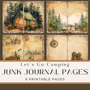 Pages du journal des voyages en camping | Images nature imprimables pour un journal indésirable et des aventures sur la route | Décoration d'excursion à la campagne