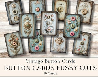 Printable button cards, junk journal kit, journaling cards, vintage sewing, digital download, ephemera, vintage buttons collage sheet images