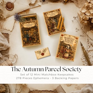 May include: Three rectangular matchbox-style boxes titled The Candlelight Parcel, The Cozy Knitting Parcel, and The Harvest Bakery Parcel, each featuring detailed animal illustrations, alongside a small envelope with a red wax seal.