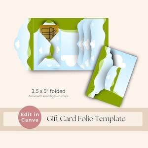 Könnte beinhalten: Eine Geschenkkarten-Folio-Vorlage mit einem hellblauen und grünen Wolkendesign. Das Layout zeigt eine gefaltete Struktur mit Innentaschen und einer separaten Karte. Der Text lautet 3.5 x 5" folded, Comes with assembly Instructions, Edit in Canva, Gift Card Folio Template.