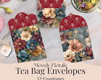 Sobres para bolsitas de té, Sobres para bolsitas de té Moody Florals, Imprimibles para fiestas de té, Diario creativo, Correo feliz, Regalos de té, Recuerdos de té para bodas
