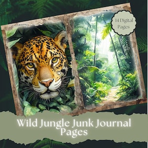 Pagine di diario spazzatura tropicale della giungla amazzonica di animali selvatici, documenti digitali, album di ritagli di diario spazzatura della foresta pluviale, botanica, fauna selvatica digitale, stampabili
