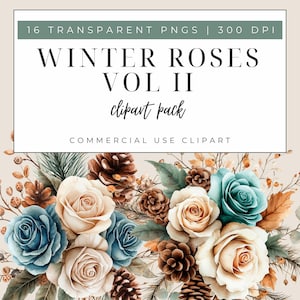 Winter Aquarell Teal Rosen, Hochzeit Floral Clipart Bundle, Floral Aquarell Clipart, Winter Blumensträuße, Botanisch, Herbst Florals, Vol 2