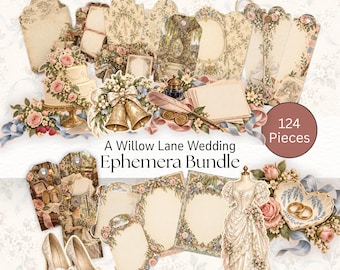 Willow Lane Wedding Ephemera, Victorian Wedding Junk Journal Kit, Printable Bridal Tags & Fussy Cuts, Bookmarks, Journal Cards, 2026