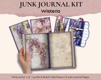 Wisteria Garden Junk Journal Kit, Purple Shabby Chic Flowers, Vintage Botanical Lilac Lavender Printable, Scrapbook Ephemera Embellishment