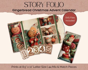 Gingerbread Christmas Advent Calendar Trifold Folio, Printable Junk Journal Kit, DIY Scrapbook, Digital Papers