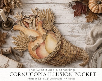 Printable Cornucopia Illusion Pocket, Fall Junk Journal Ephemera Kit, Thanksgiving Harvest Craft, Autumn Digital Download, 2026 C014