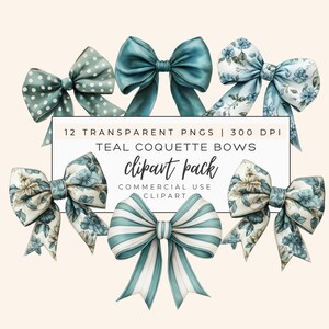 Teal Watercolor Coquette Bow Clipart - Cute Transparent PNG for Crafting & Commercial Use - Stripes and Polka Dots