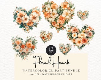 Watercolor Floral Heart Clipart, Png Bundle, Clip Art, Flower Illustration, Love Design, Decor, Free Commercial Use Instant Digital Download