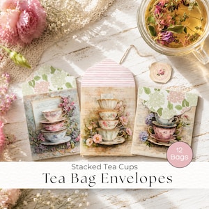 Tea Bag Envelopes, Stacked Tea Cups Envelopes, Tea Party Printable, Junk Journal, Happy Mail, Tea Gifts, Victorian Tea, Bridal Tea Favor