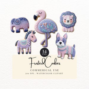 Frosted Animal Cookie Clipart, Digital Clipart for Kids Birthday Party Invitations, Blue Pink and Purple, 300 DPI, Commercial Use