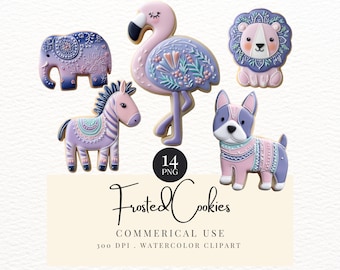 Frosted Animal Cookie Clipart, Digital Clipart for Kids Birthday Party Invitations, Blue Pink and Purple, 300 DPI, Commercial Use