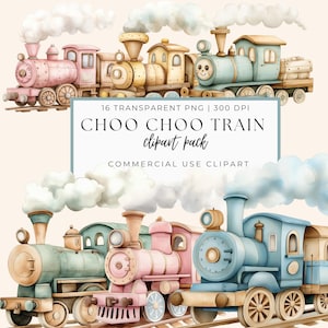 Tren de acuarela azul, amarillo, rosa y verde - Fiesta de cumpleaños infantil, baby shower, arte ferroviario, descarga digital, archivos PNG para niños