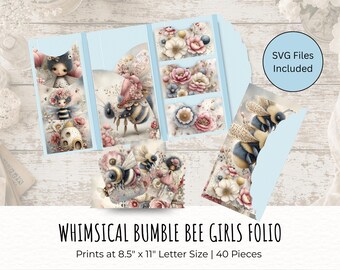 Blue and Pink Honey Bee Folio Junk Journal Kit, Girls and Flowers Roses Ephemera, Shabby Chic Printable Paper, Romantic Cottagecore Folio