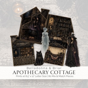 May include: A collection of 80 mix and match paper craft pieces titled Belladonna & Briar Apothecary Cottage. The set includes illustrations of a witch, a black cat, a ghost, apothecary shelves, and a shop front, printing at 21.59 cm x 27.94 cm.