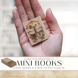 May include: A miniature book with a dragonfly illustration, held in a hand. The book has a cream-colored cover with floral accents. The image also shows a small box and the text "LUNA THE DRAGONFLY MINI BOOKS 4 MINI BOOKS & A BOX TO PUT THEM IN."