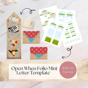 May include: A template for a mini letter folio with various designs. The image shows a brown paper folio with several small envelopes, each with a unique pattern. There are also loose cards and envelope templates. The text reads "Open When Folio Mini Letter Template".
