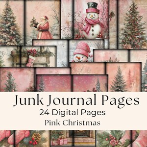 Página de diário de Natal rosa, páginas de diário de Natal vintage com tema de Natal, papel para impressão de diário de Natal com cena de Papai Noel, colagem digital, faça você mesmo