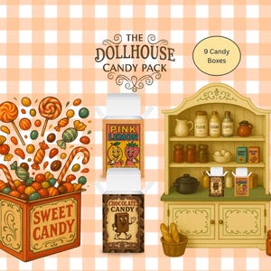 Op de afbeelding: Een digitale illustratie van een snoeppakket met een doos met het label SWEET CANDY vol met verschillende snoepjes, twee individuele snoepdoosjes met het label PINK LEMON en CHOCOLATE CANDY, en een kast gevuld met potten en kleine doosjes.