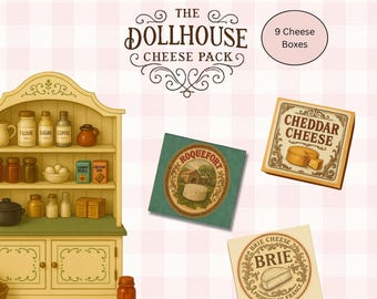Dollhouse Mini Cheese Packages Printable Set of 9 | 1:12 Scale Vintage-Inspired Cheese | DIY Miniature Cheese Packaging Dollhouses, Dioramas
