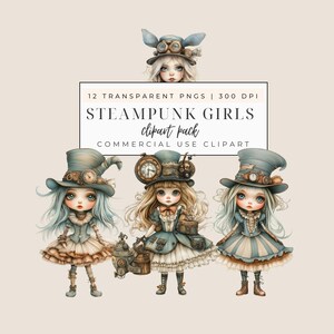 Steampunk Girls Clipart Pack, Vintage Doll Watercolor PNG Clip Art, Quirky Character Junk Journal Illustrations, Steam Punk Ephemera Graphic