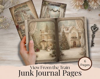 View From a Christmas Train Window Junk Journal Kit, Printable Scrapbook Pages, DIY Journal Inserts, Digital Art Ephemera
