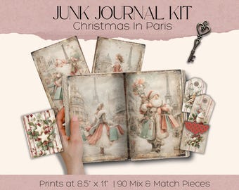 Christmas Shopping with Santa in Paris Junk Journal Kit, Vintage Printable Ephemera, Digital Download, Scrapbook Supplies, Holiday Art