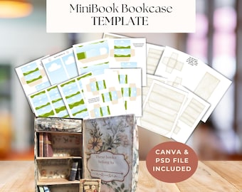 May include: A MiniBook Bookcase TEMPLATE featuring printable sheets with book designs and a miniature floral-patterned bookcase with shelves containing small books and a label reading These books belong to. Includes Canva and PSD files.