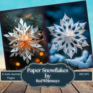Fiocchi di neve di carta, ornamenti natalizi invernali, pagine di diario spazzatura, 6 pagine di flora stampabili per scrapbooking, artigianato vintage ed effimere
