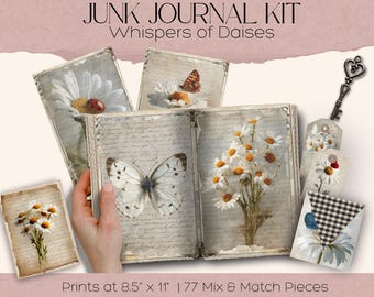 Daisy Junk Journal Kit,Printable JPG Pages with Ephemera, Tags, Bookmark, Summer Floral, Flower Digital Paper, Digital Download