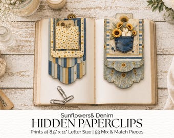 Sunflowers and Denim Hidden Paperclips, Blue and Yellow Printable, Junk Journal Folio with Pockets and Ephemera, Add on Scrapbook Kit, 2026