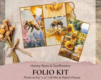 Honey Bee Trifold Folio Junkjournal Kit Vintage DIY Mini Folio Junk Journal Kit Digital Folding Folio Folder Kit Pocket Insert Ephemera Pack