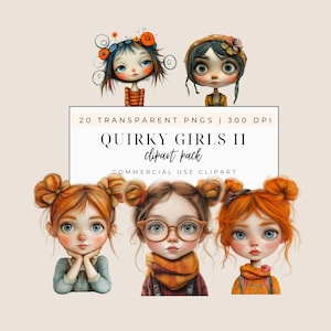 Quirky Girl II Clipart Bundle - Cute Whimsical Girls - Digital Download - Commercial Use - Transparent PNG, Instant Access