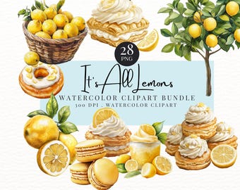 Watercolor Lemon Clipart, Fruit Clipart, Lemon PNG Bundle, Watercolour Lemon Wreath, Mediterranean Tile, Commercial, Instant Download