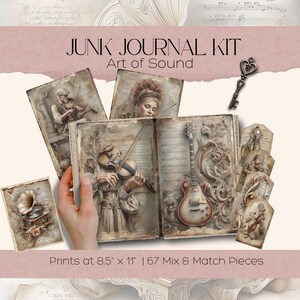 May include: A junk journal kit with the text "JUNK JOURNAL KIT Art of Sound". The kit includes journal pages, tags, and a key charm. The journal pages feature images of musicians and musical instruments. Prints at 21.6 cm x 27.9 cm.
