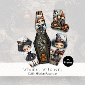 May include: A set of 35 coffin-shaped paperclips featuring illustrations of characters in dark attire, pumpkins, and a central coffin design with the text "CREEP IT REAL" in gold lettering. The designs include figures with large eyes and hats.